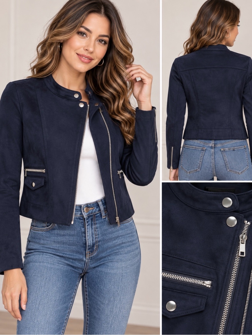 Banana Republic Navy Blue Faux Suede Moto Jacket XS Zip Pockets